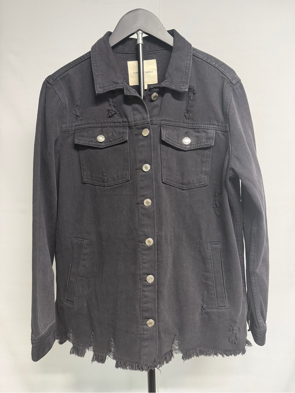Thread & Supply Black Distressed Denim Jacket Raw Edges